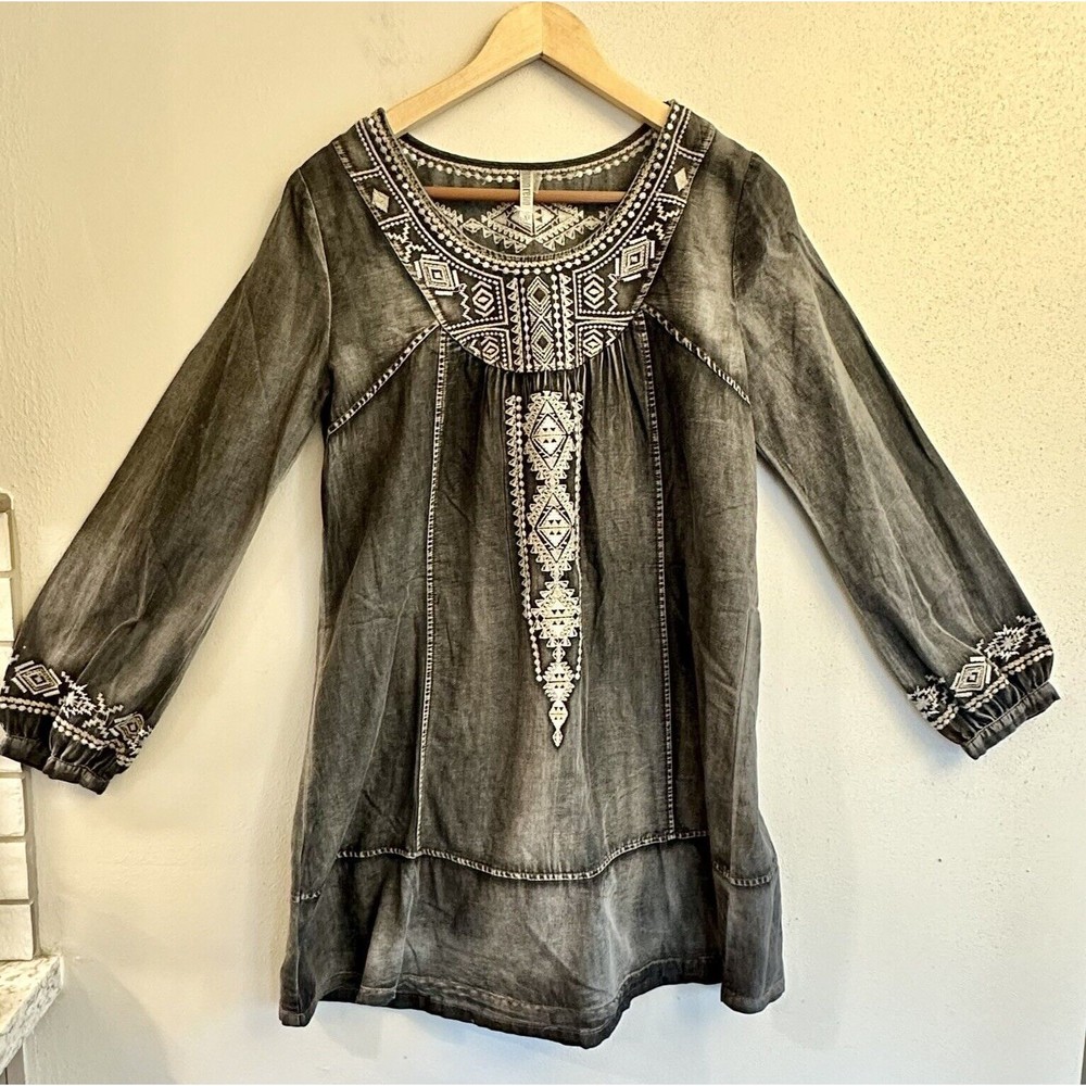 Monoreno Womens Medium Black Chambray Denim Embroidered Lagenlook Dress